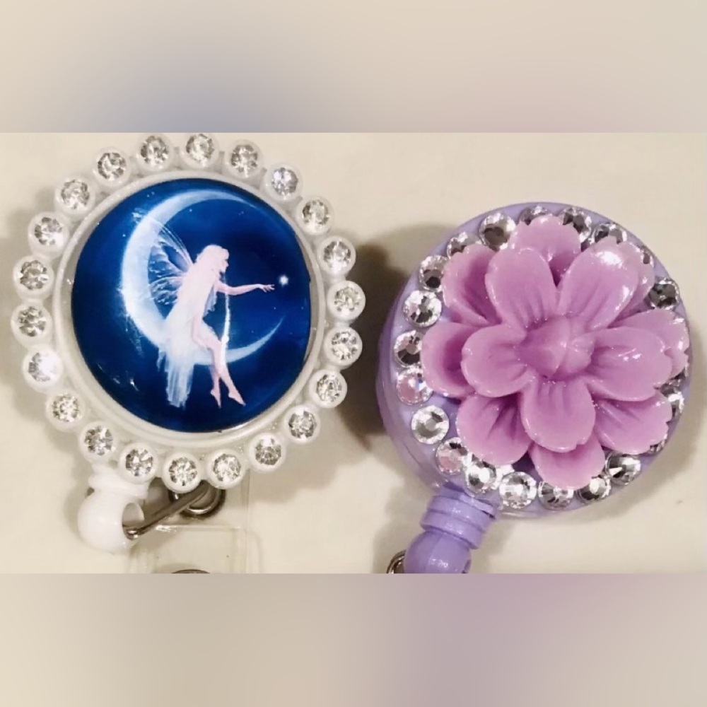2 Crystal Fairy Angel + Flower Nurse RN ID Badge Reel Holders Alligator Clip